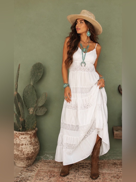 Jessica Simpson Dresses & Skirts - White Eyelet Lace Tiered Maxi Dress • S •Coastal Boho Western • Jessica Simpson